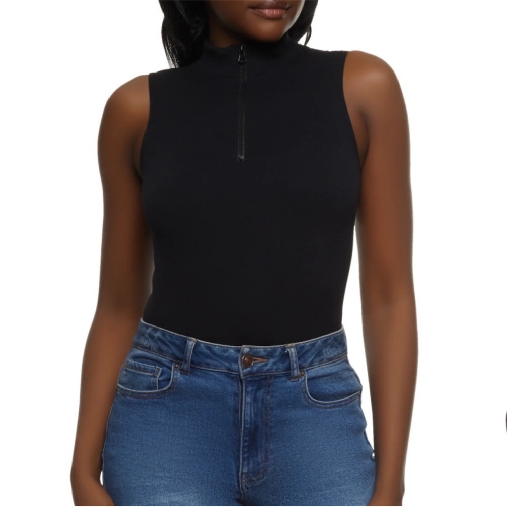 Fct with Love Rainbow Black Basics Zip Neck Compression Rib Black Bodysuit